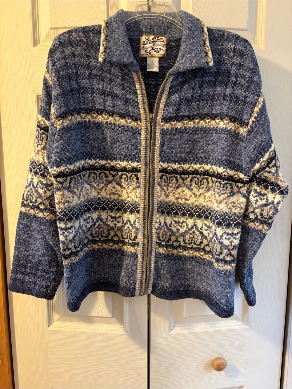 Vintage-Style Blue Patterned Zip-Front Cardigan Jacket